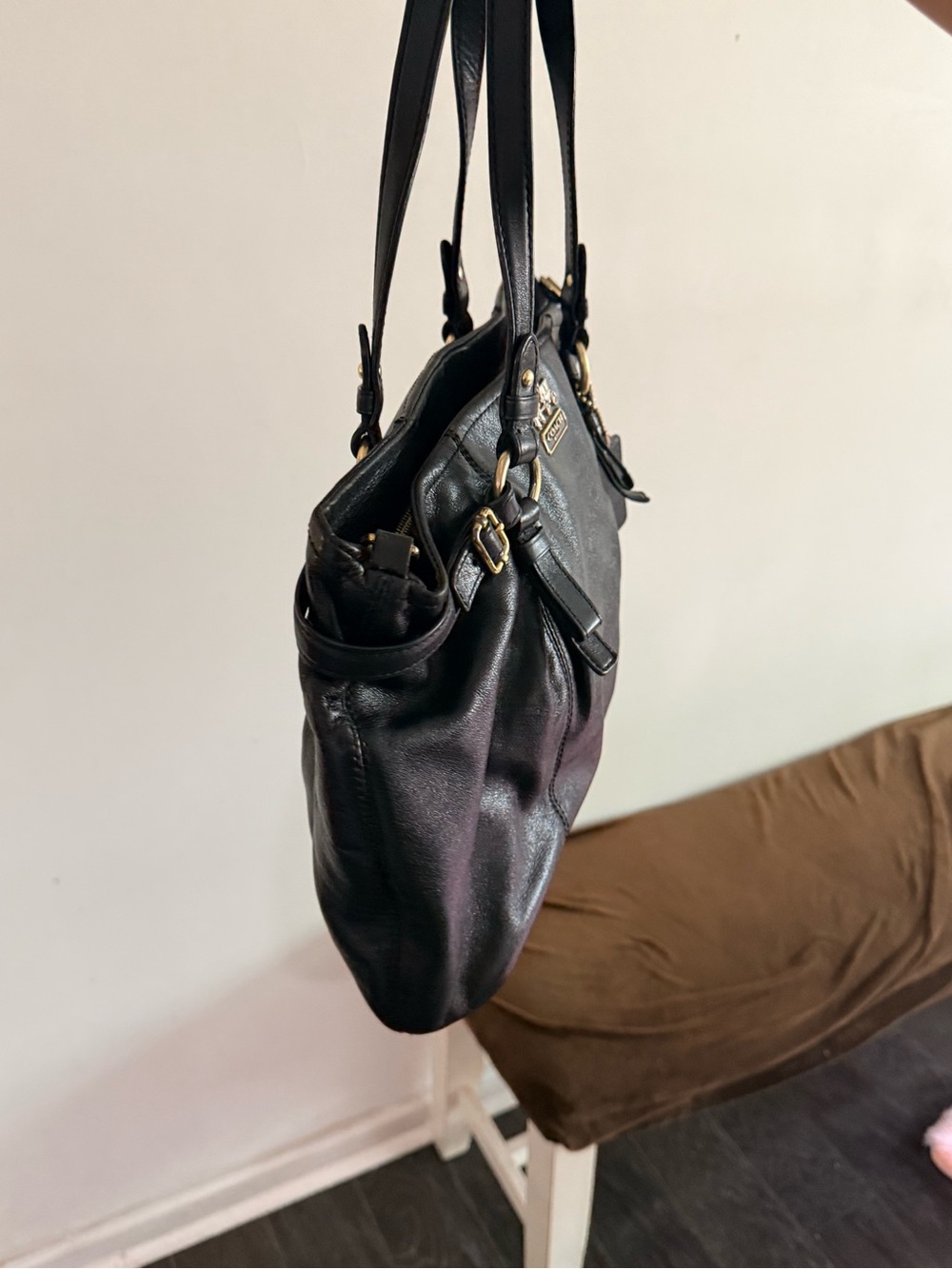 Coach Black Leather Shoulder Tote with Gold Accents - Picture 2 of 8